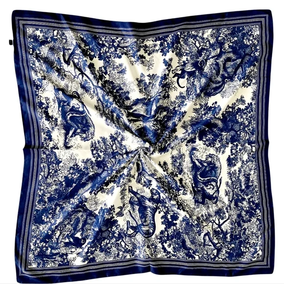 Floral Satin Square Scarf Blue White 35" Head Hair Neck Bandana Preppy New - Picture 6 of 17